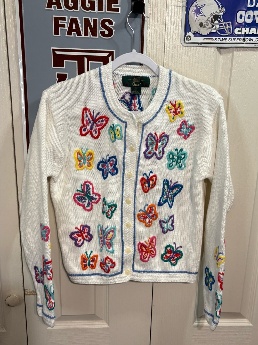 Orvis White Knit Cardigan with Multicolor Butterfly Embroidery